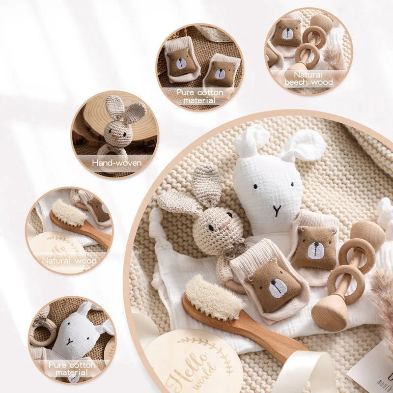 Newborn Bath Gift Set Double Sided Cotton Blanket Wooden Milestone Cards Gifts Box Wooden Crochet Rattle Brushs for Baby Shower