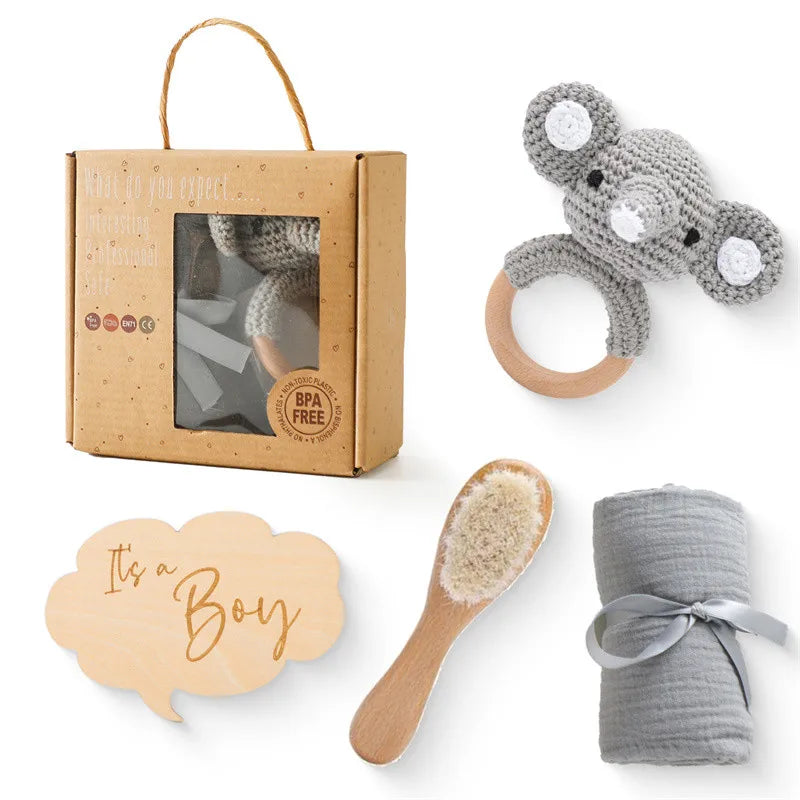 Newborn Bath Gift Set Double Sided Cotton Blanket Wooden Milestone Cards Gifts Box Wooden Crochet Rattle Brushs for Baby Shower