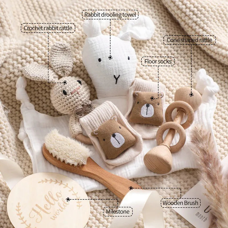 Newborn Bath Gift Set Double Sided Cotton Blanket Wooden Milestone Cards Gifts Box Wooden Crochet Rattle Brushs for Baby Shower