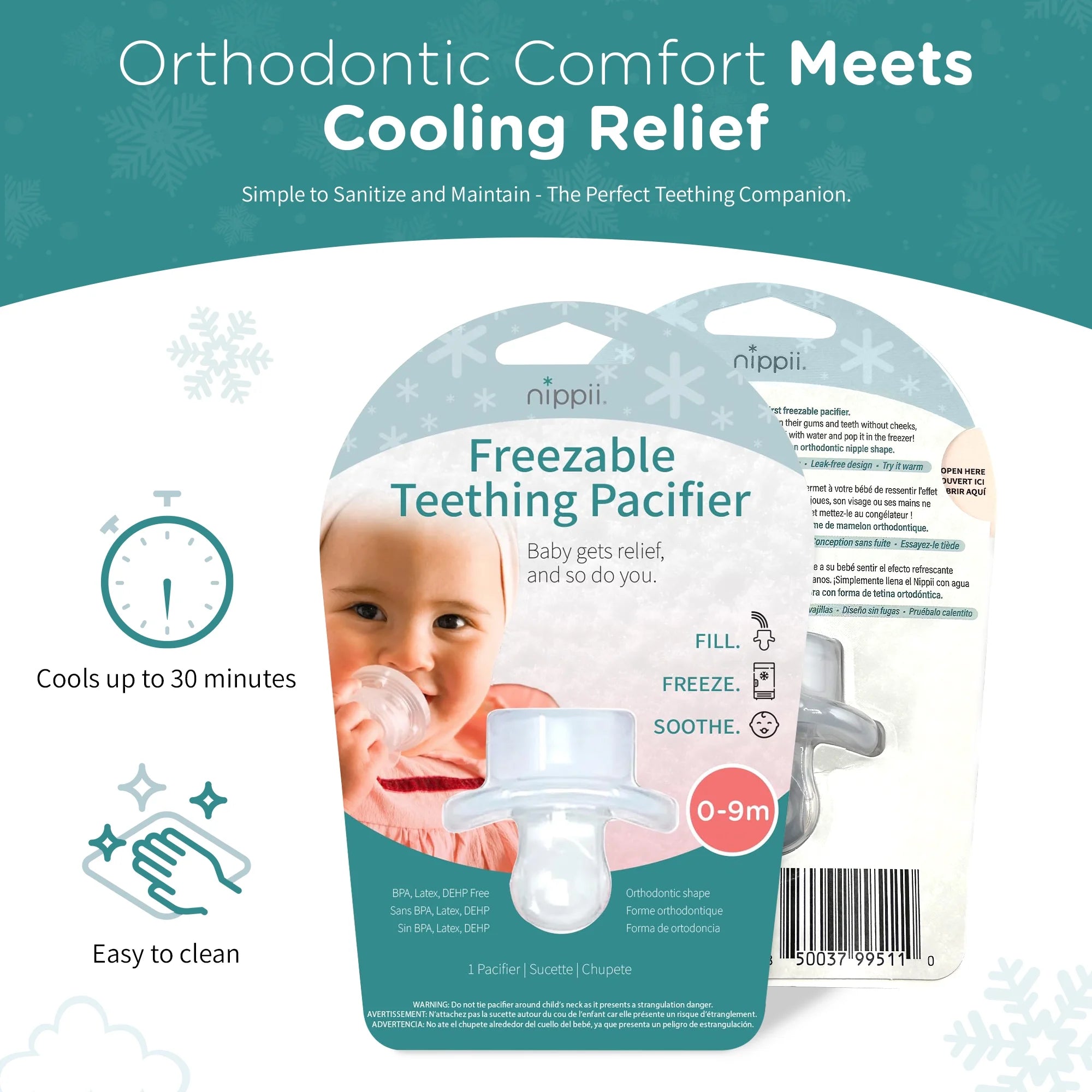 Freezable Orthodontic Pacifier, Cold Teething Relief, Cooling Silicone Pacifier Teether Toy Baby 0-9Mo 1Pc