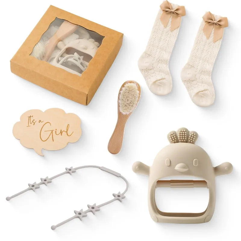 Newborn Bath Gift Set Double Sided Cotton Blanket Wooden Milestone Cards Gifts Box Wooden Crochet Rattle Brushs for Baby Shower