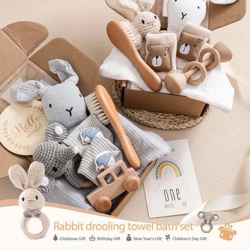 Newborn Bath Gift Set Double Sided Cotton Blanket Wooden Milestone Cards Gifts Box Wooden Crochet Rattle Brushs for Baby Shower