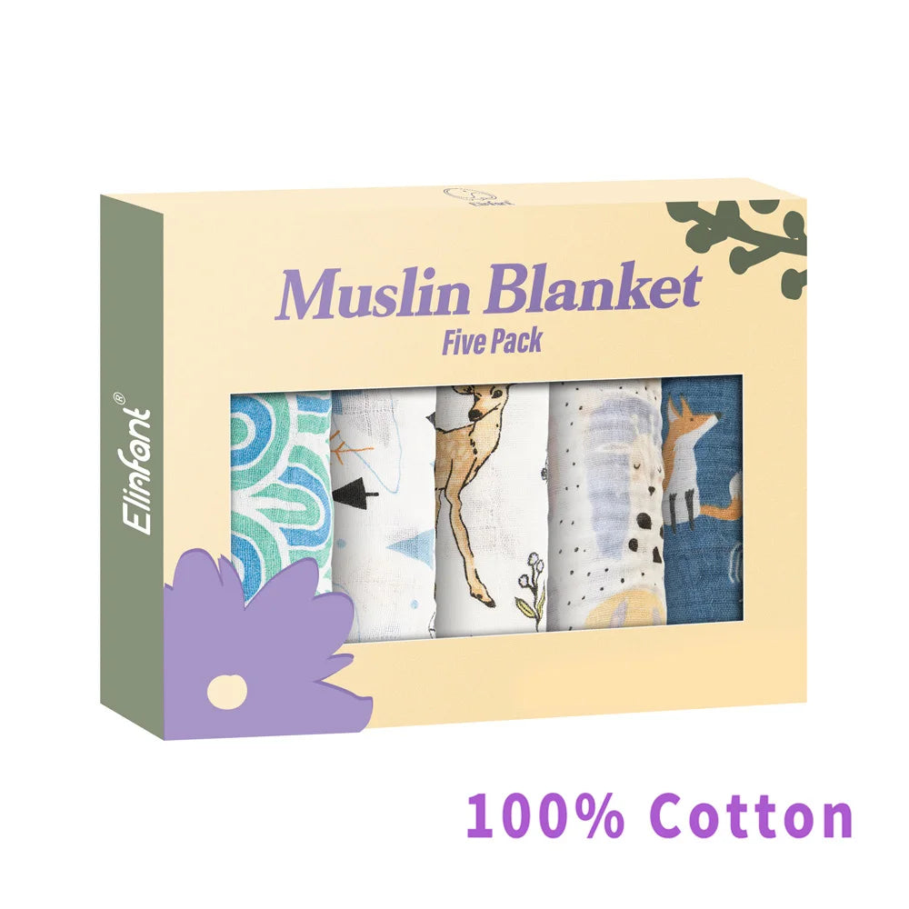 Elinfant 5Pcs Gift Set Bamboo Cotton Muslin Bib Burp Cloth 100% Cotton 60*60Cm 2 Layers Baby Scarf Handkerchief