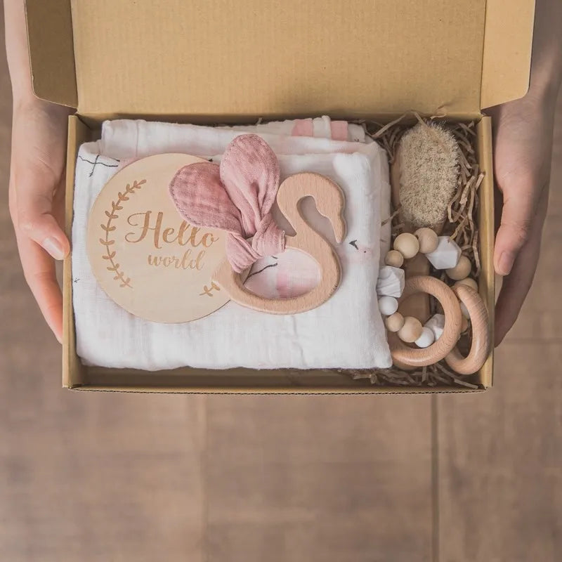 Newborn Bath Gift Set Double Sided Cotton Blanket Wooden Milestone Cards Gifts Box Wooden Crochet Rattle Brushs for Baby Shower