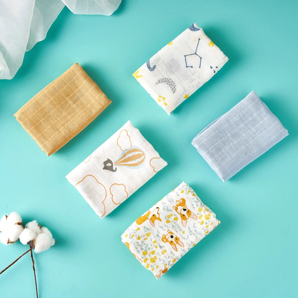 Elinfant 5Pcs Gift Set Bamboo Cotton Muslin Bib Burp Cloth 100% Cotton 60*60Cm 2 Layers Baby Scarf Handkerchief