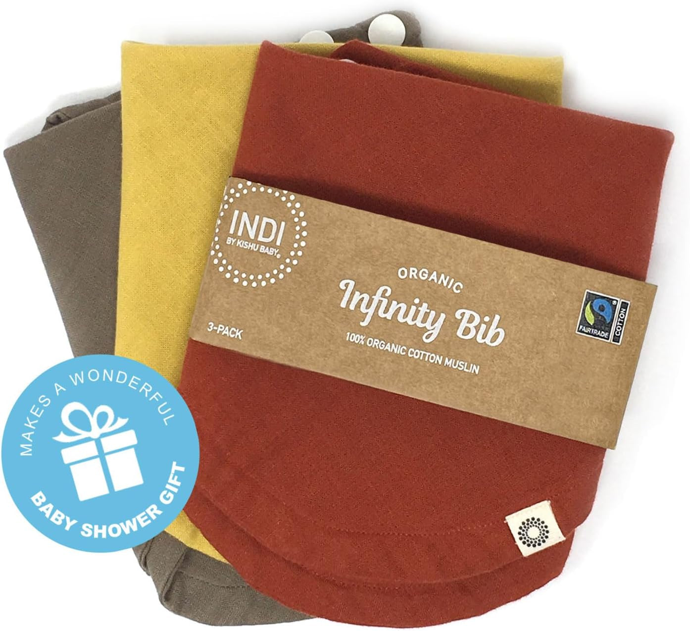 Indi - Fairtrade Organic Baby Bibs for Girls or Boys - Rounded, 4-Way Reversible, 8 Layer Muslin Drool Bibs