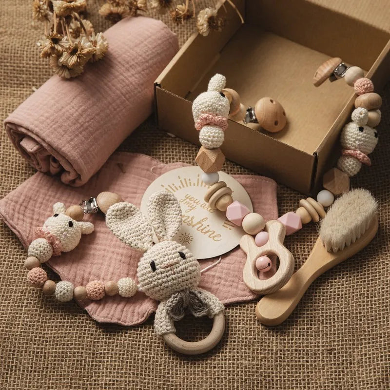 Newborn Bath Gift Set Double Sided Cotton Blanket Wooden Milestone Cards Gifts Box Wooden Crochet Rattle Brushs for Baby Shower