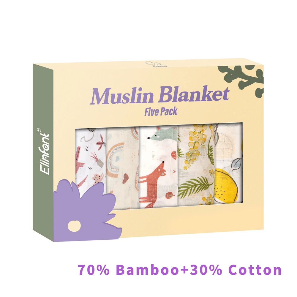 Elinfant 5Pcs Gift Set Bamboo Cotton Muslin Bib Burp Cloth 100% Cotton 60*60Cm 2 Layers Baby Scarf Handkerchief