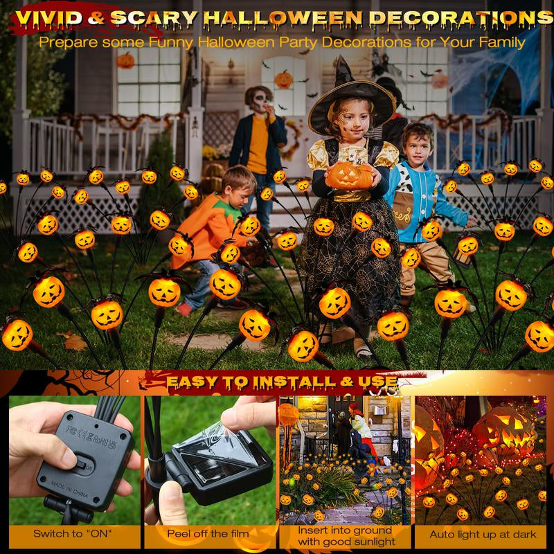 Halloween Decorations Outdoor 4 Pack Solar Lights, 24 LED Scary Pumpkin Swaying Firefly Lights with Spider & Bats for outside Garden Grave Cemetery Ghost Decor Party, Orange