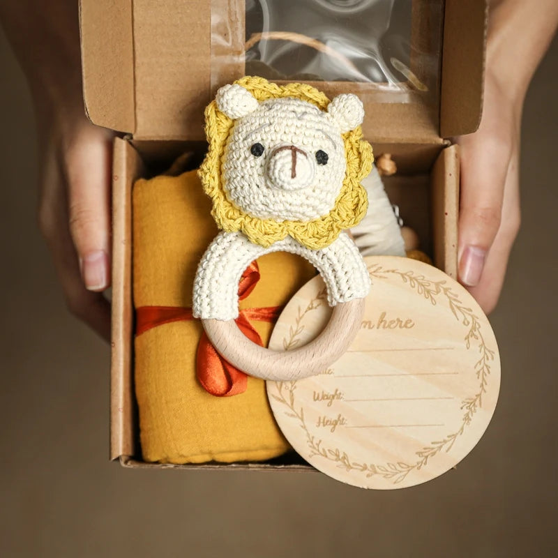 Baby Towel Bath Set Gift Box Cotton Blankets Newborn Milestone Cards Wooden Ring Rabbit Rattle Infant Brush for Baby Birth Gift