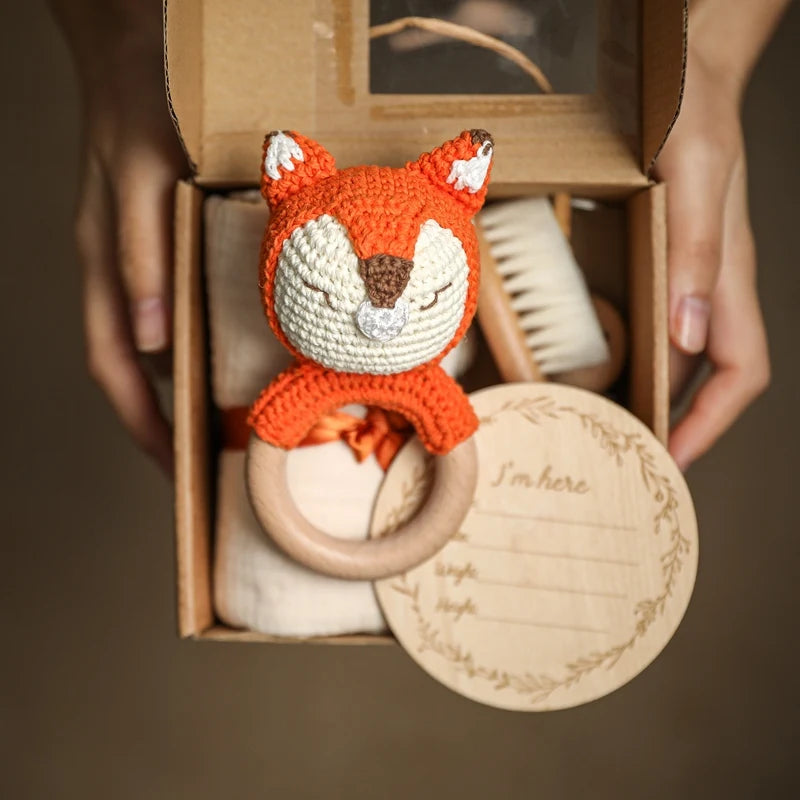 Baby Towel Bath Set Gift Box Cotton Blankets Newborn Milestone Cards Wooden Ring Rabbit Rattle Infant Brush for Baby Birth Gift