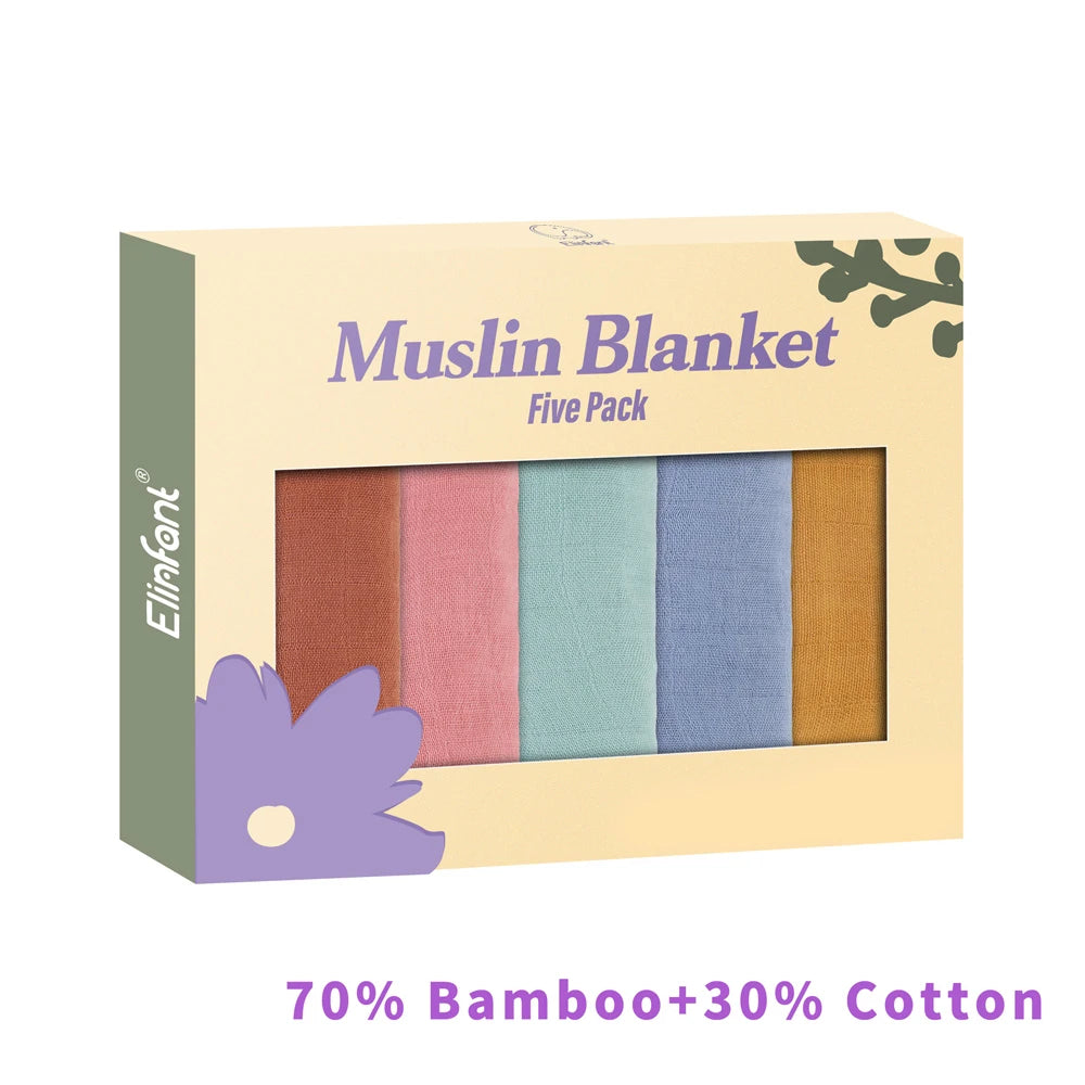Elinfant 5Pcs Gift Set Bamboo Cotton Muslin Bib Burp Cloth 100% Cotton 60*60Cm 2 Layers Baby Scarf Handkerchief