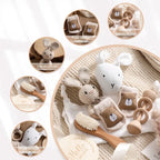 Newborn Bath Gift Set Double Sided Cotton Blanket Wooden Milestone Cards Gifts Box Wooden Crochet Rattle Brushs for Baby Shower