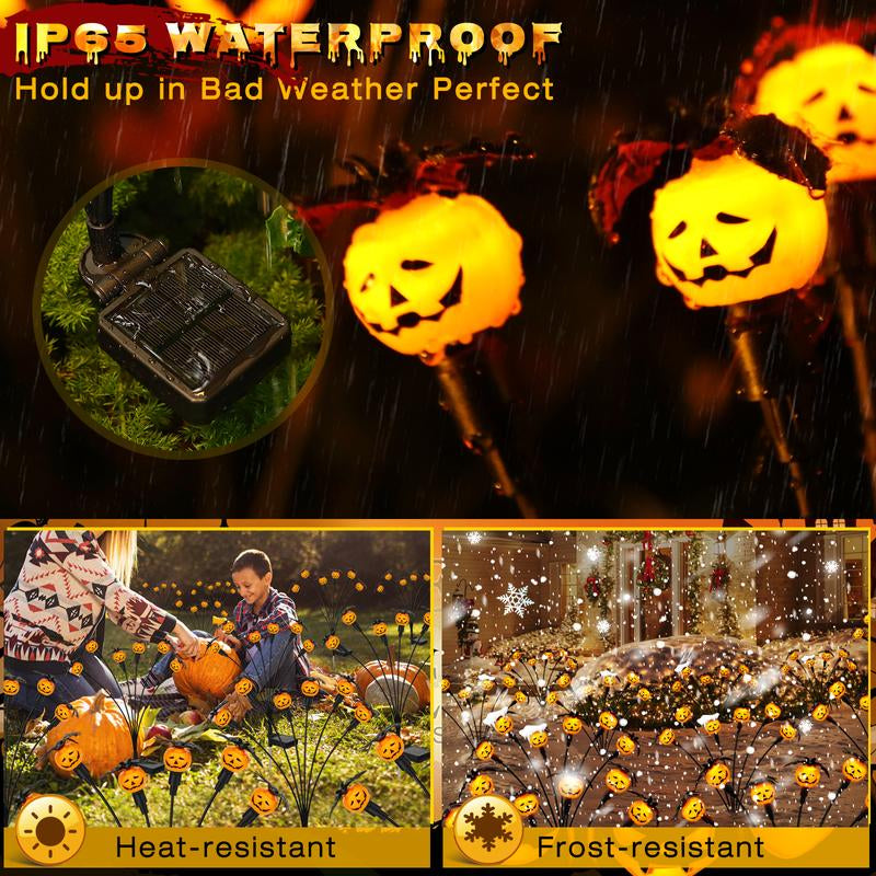 Halloween Decorations Outdoor 4 Pack Solar Lights, 24 LED Scary Pumpkin Swaying Firefly Lights with Spider & Bats for outside Garden Grave Cemetery Ghost Decor Party, Orange