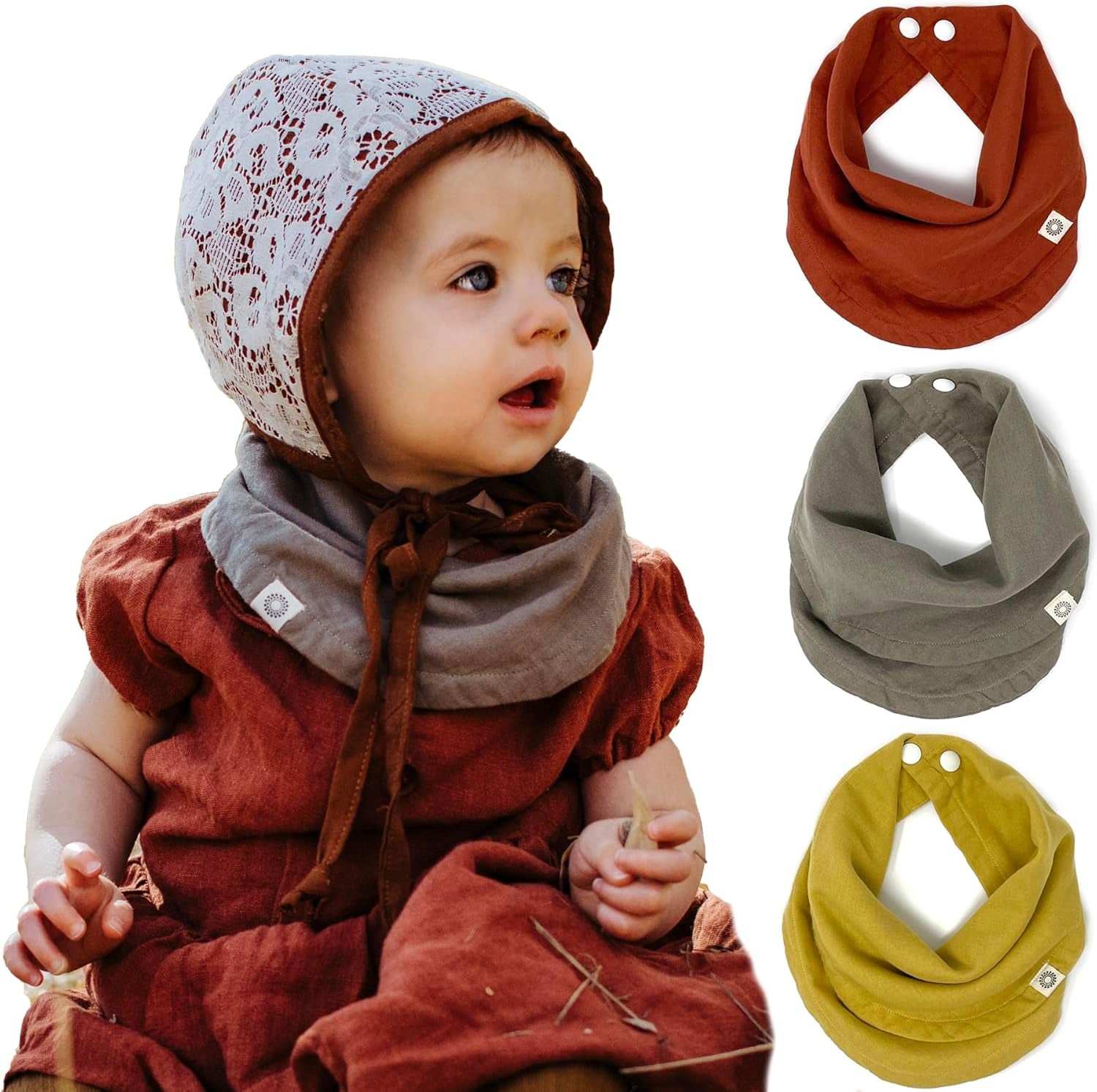 Indi - Fairtrade Organic Baby Bibs for Girls or Boys - Rounded, 4-Way Reversible, 8 Layer Muslin Drool Bibs