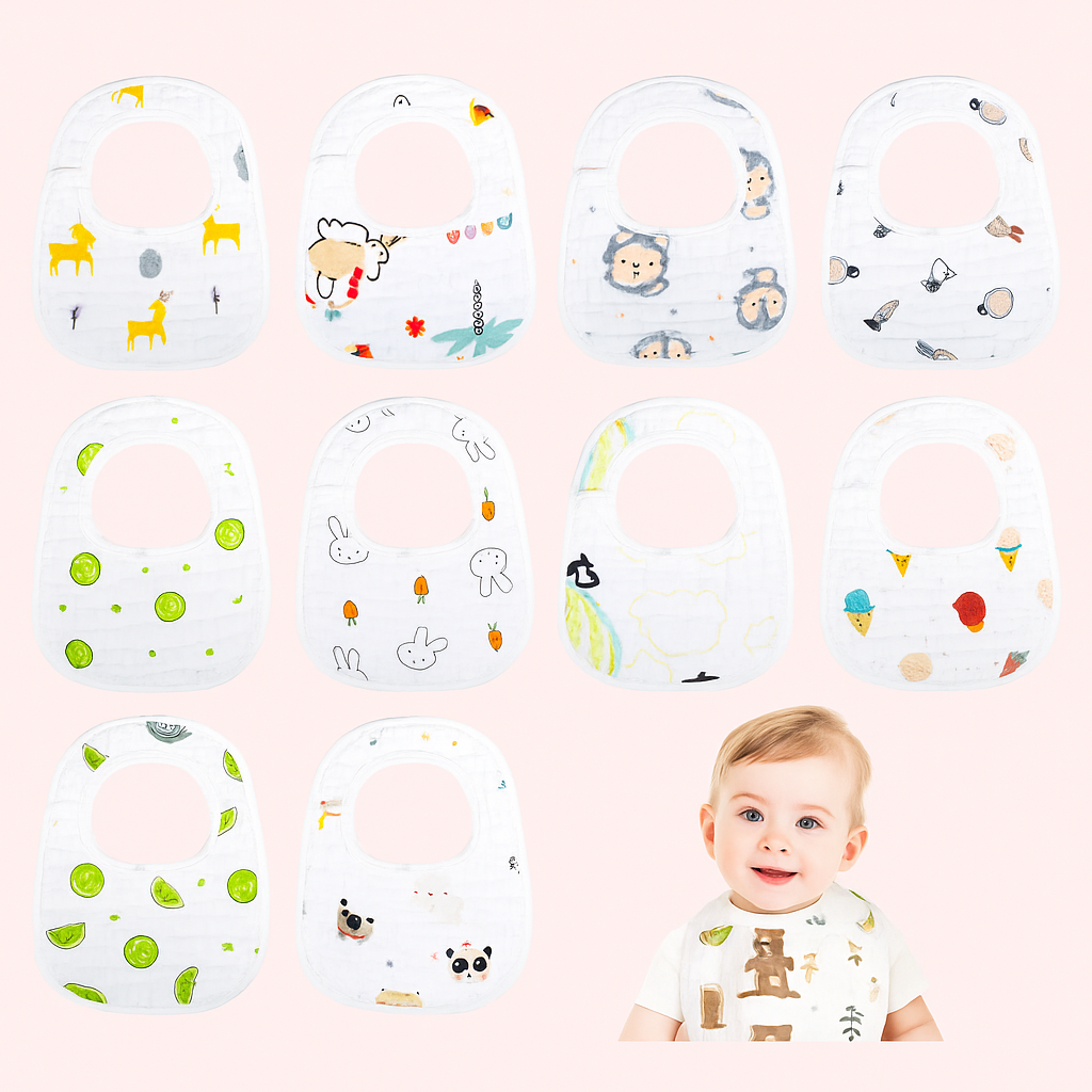 Baby Boy Muslin Cotton Cloth Drool Baby Bibs with Adjustable Snap, 10 Pieces
