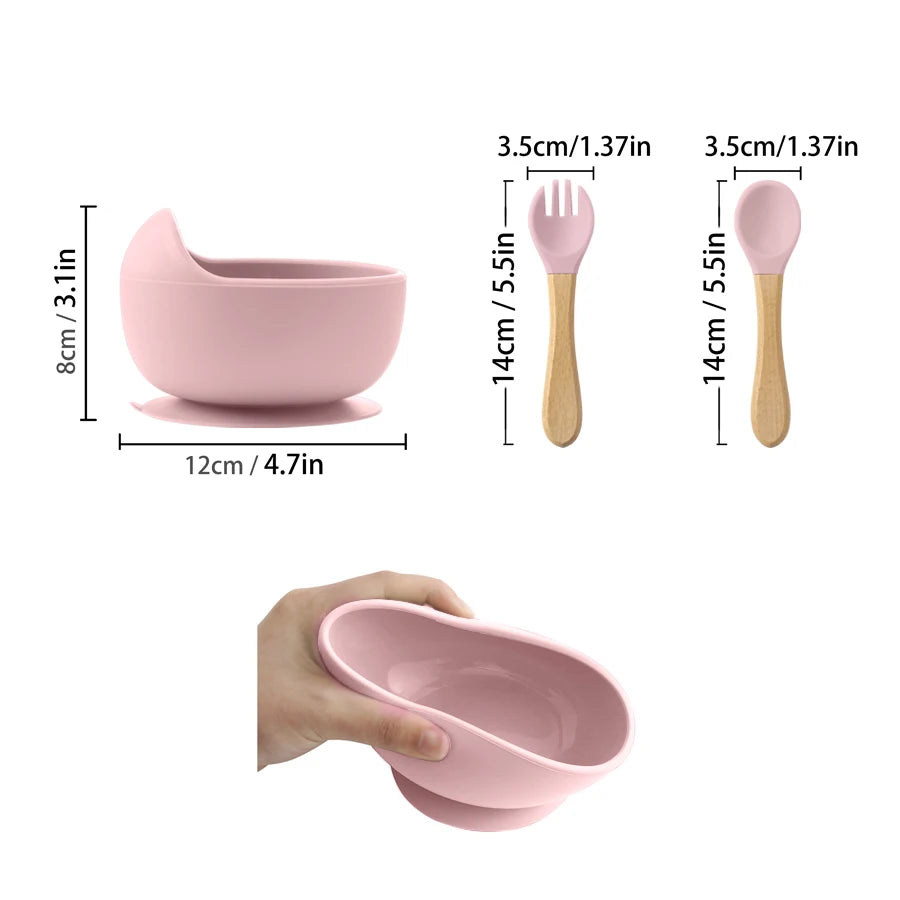 3Pcs Silicone Baby Feeding Bowl Set Baby Learning Dishes Suction Bowl Set Wood Spoon Fork Children Tableware Baby Stuff