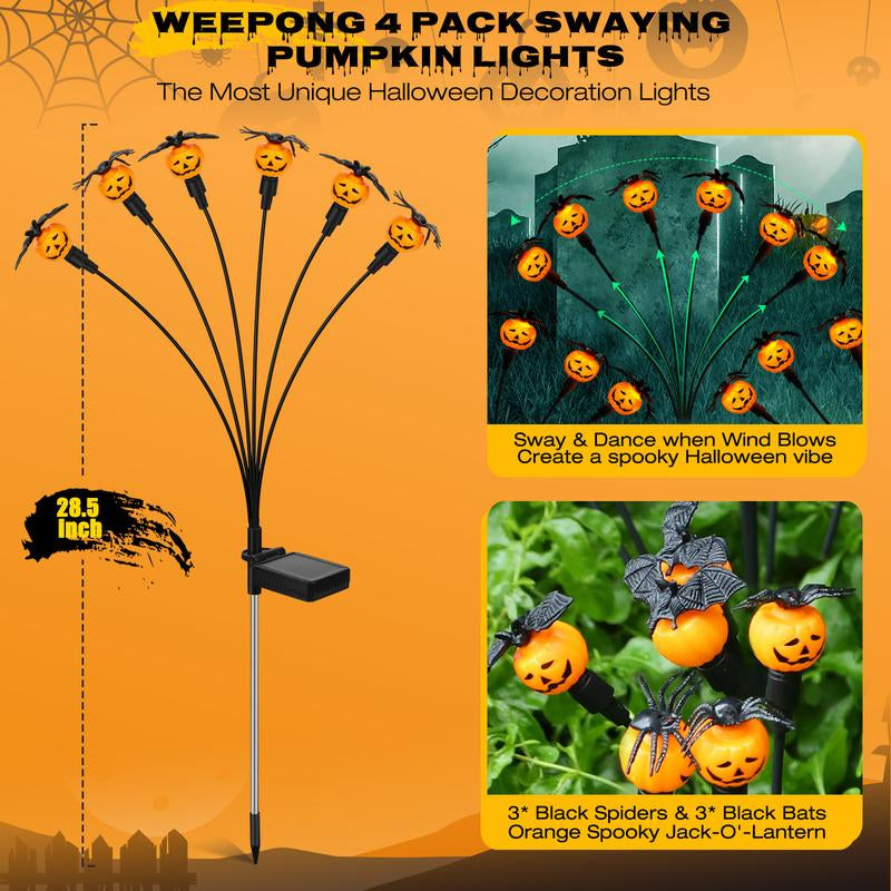 Halloween Decorations Outdoor 4 Pack Solar Lights, 24 LED Scary Pumpkin Swaying Firefly Lights with Spider & Bats for outside Garden Grave Cemetery Ghost Decor Party, Orange