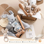 Newborn Bath Gift Set Double Sided Cotton Blanket Wooden Milestone Cards Gifts Box Wooden Crochet Rattle Brushs for Baby Shower