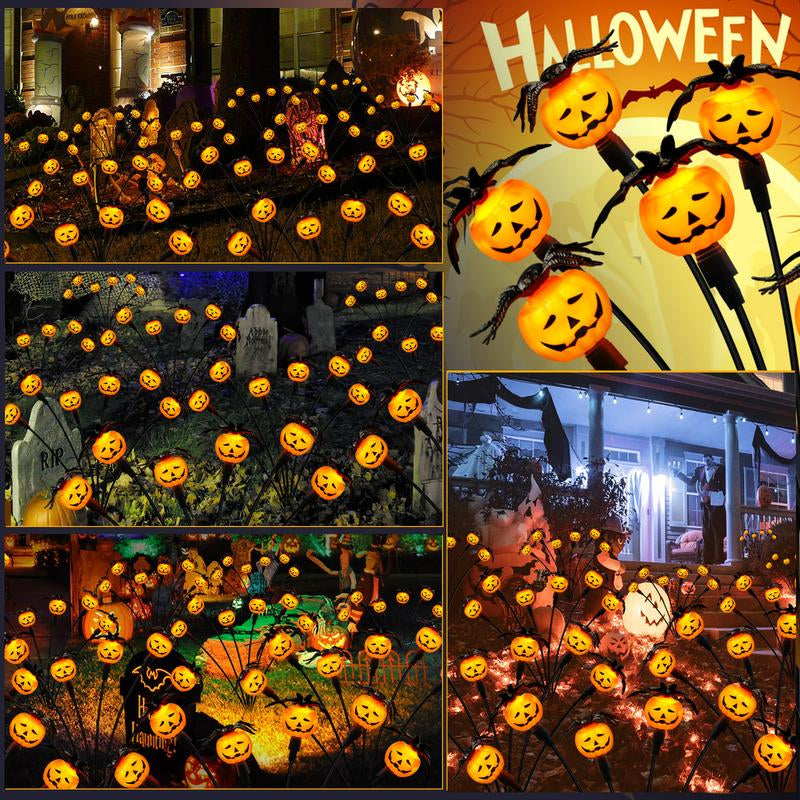 Halloween Decorations Outdoor 4 Pack Solar Lights, 24 LED Scary Pumpkin Swaying Firefly Lights with Spider & Bats for outside Garden Grave Cemetery Ghost Decor Party, Orange
