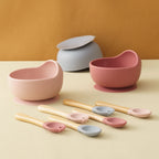 3Pcs Silicone Baby Feeding Bowl Set Baby Learning Dishes Suction Bowl Set Wood Spoon Fork Children Tableware Baby Stuff