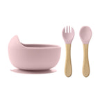 3Pcs Silicone Baby Feeding Bowl Set Baby Learning Dishes Suction Bowl Set Wood Spoon Fork Children Tableware Baby Stuff