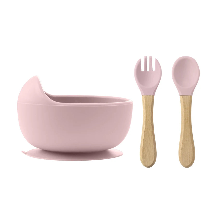 3Pcs Silicone Baby Feeding Bowl Set Baby Learning Dishes Suction Bowl Set Wood Spoon Fork Children Tableware Baby Stuff