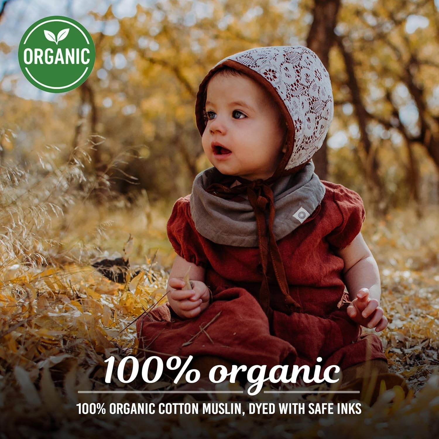Indi - Fairtrade Organic Baby Bibs for Girls or Boys - Rounded, 4-Way Reversible, 8 Layer Muslin Drool Bibs