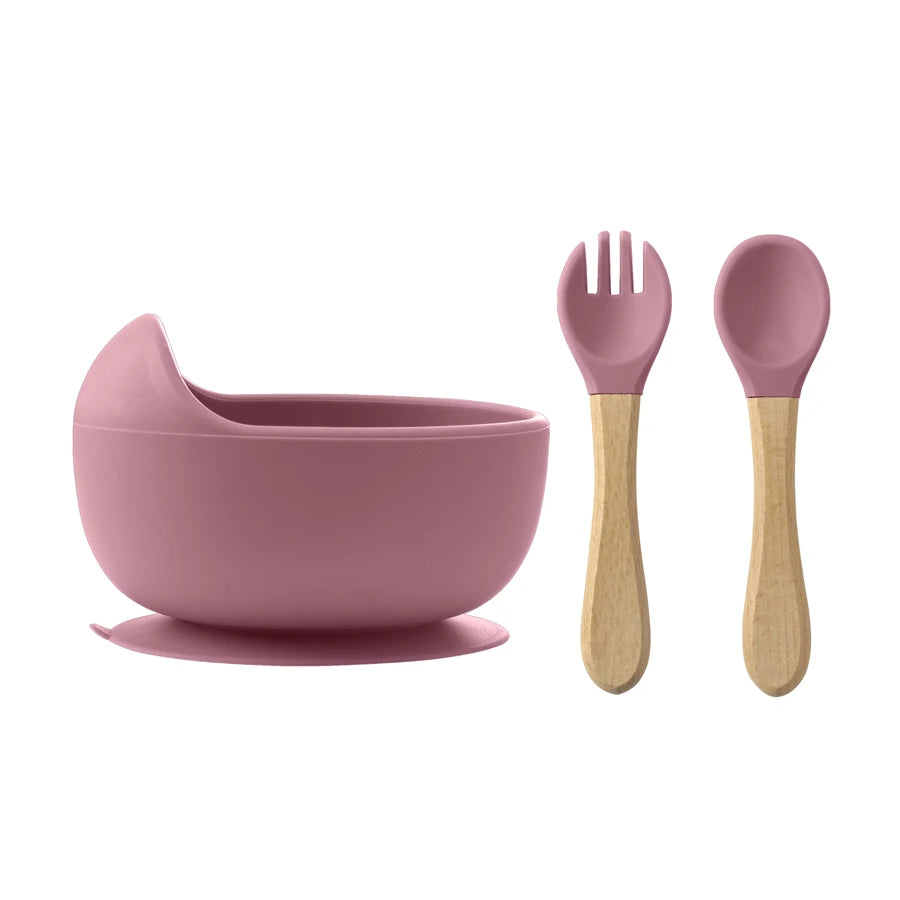 3Pcs Silicone Baby Feeding Bowl Set Baby Learning Dishes Suction Bowl Set Wood Spoon Fork Children Tableware Baby Stuff
