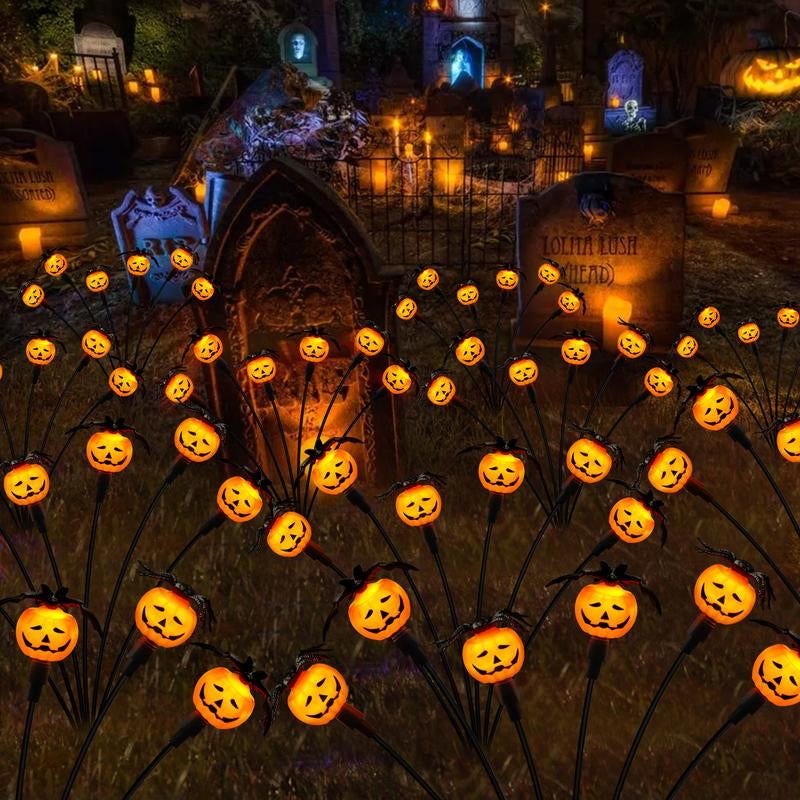 Halloween Decorations Outdoor 4 Pack Solar Lights, 24 LED Scary Pumpkin Swaying Firefly Lights with Spider & Bats for outside Garden Grave Cemetery Ghost Decor Party, Orange