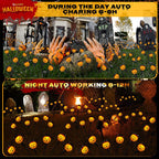 Halloween Decorations Outdoor 4 Pack Solar Lights, 24 LED Scary Pumpkin Swaying Firefly Lights with Spider & Bats for outside Garden Grave Cemetery Ghost Decor Party, Orange
