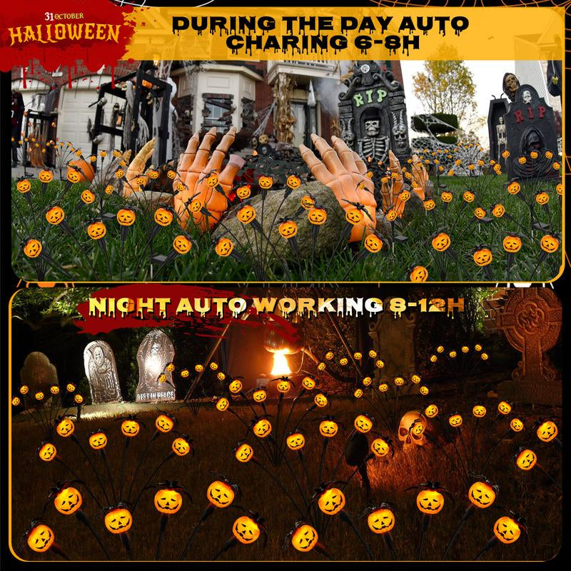 Halloween Decorations Outdoor 4 Pack Solar Lights, 24 LED Scary Pumpkin Swaying Firefly Lights with Spider & Bats for outside Garden Grave Cemetery Ghost Decor Party, Orange